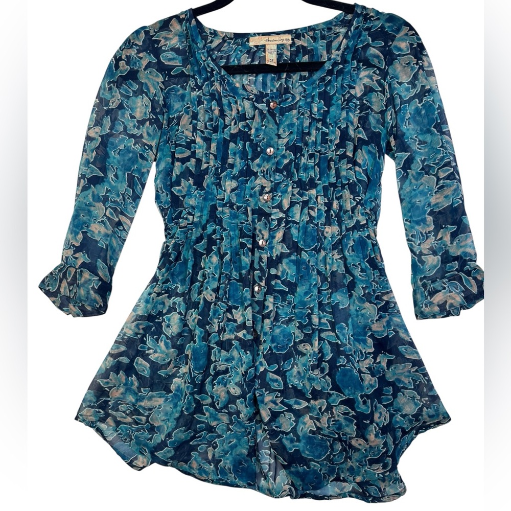 American Rag Cie Blue Floral Sheer Tunic Top‎ XS